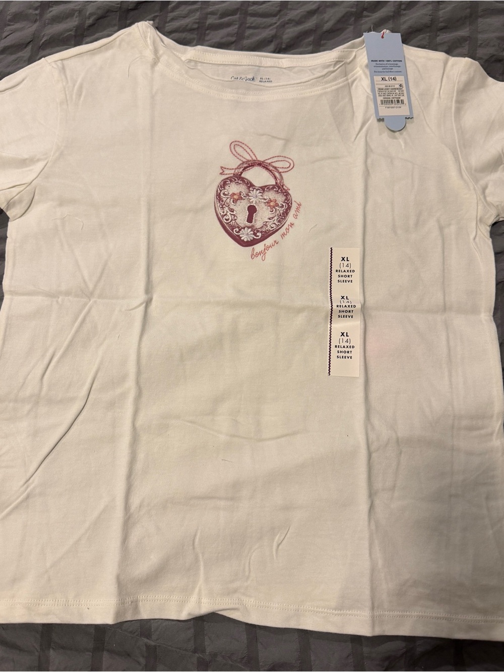 Cat & Jack White Short Sleeve Tee with Pink Heart Lock Graphic